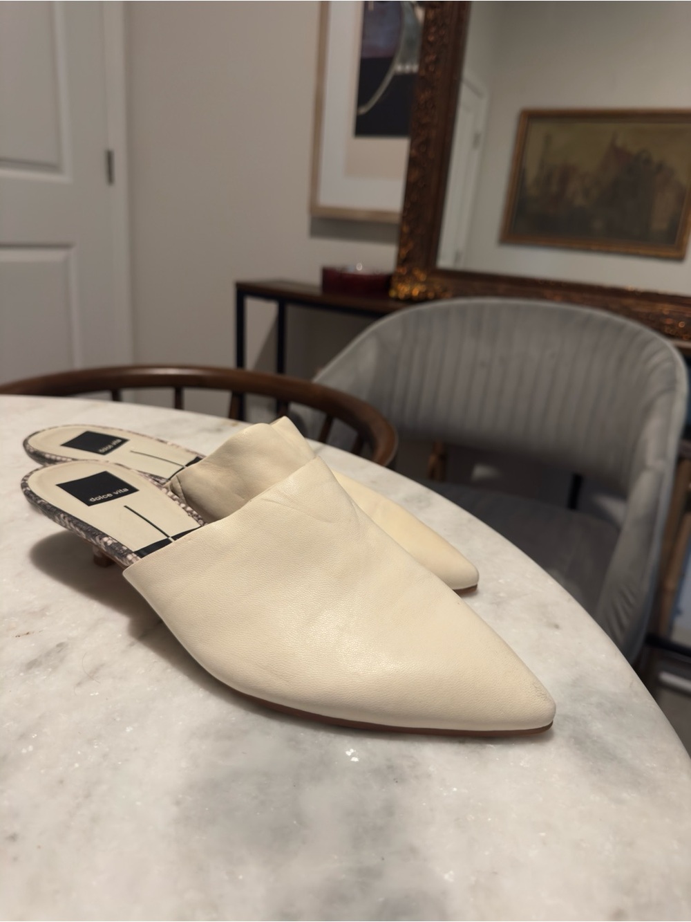 Cream Pointed-Toe Leather Mule